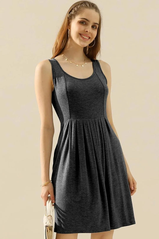 Doublju Full Size Round Neck Ruched Sleeveless Dress with Pockets - ShopEasier