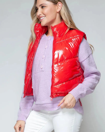 Chic Shiny Quilted Turtleneck Vest with Zip Closure