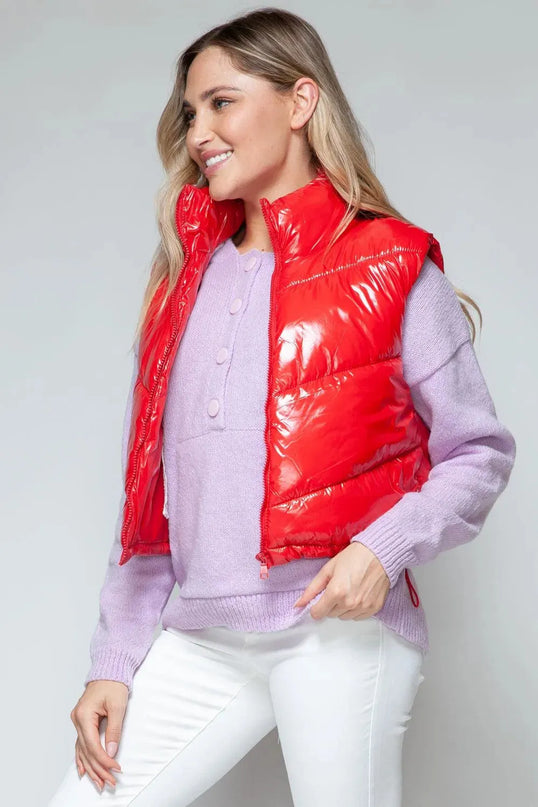 Chic Shiny Quilted Turtleneck Vest with Zip Closure