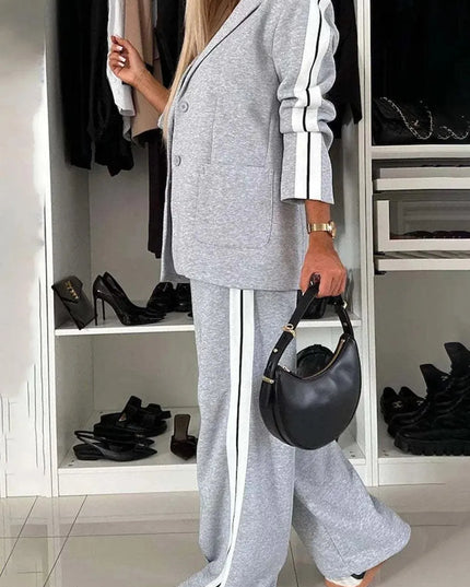 Full Size Contrast Lapel Collar Top and Pants Set - ShopEasier