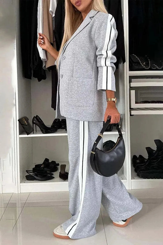 Full Size Contrast Lapel Collar Top and Pants Set - ShopEasier