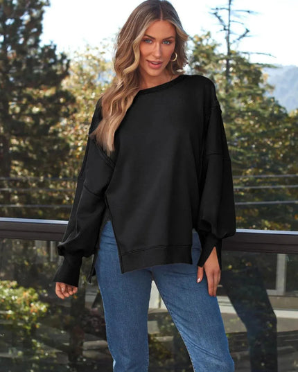 Slit Round Neck Long Sleeve Sweatshirt - ShopEasier