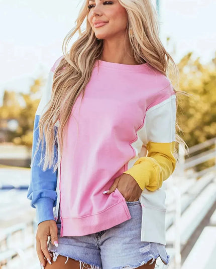 High-Low Slit Opaque Long Sleeve Sweatshirt with Round Neck