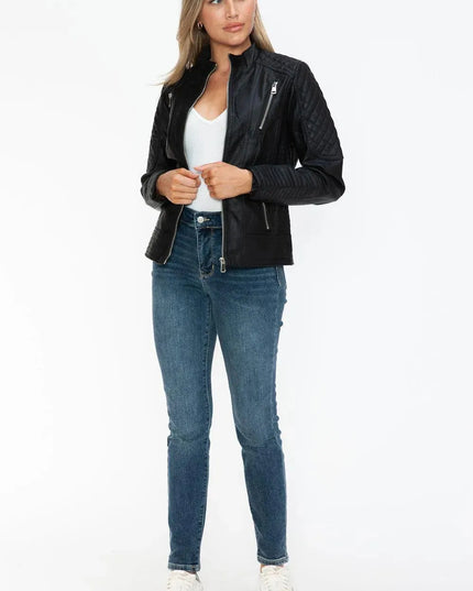 Snobbish Faux Leather Zip Up Mock Neck Jacket - ShopEasier