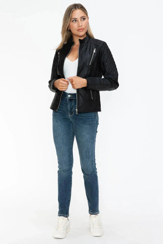 Snobbish Faux Leather Zip Up Mock Neck Jacket - ShopEasier