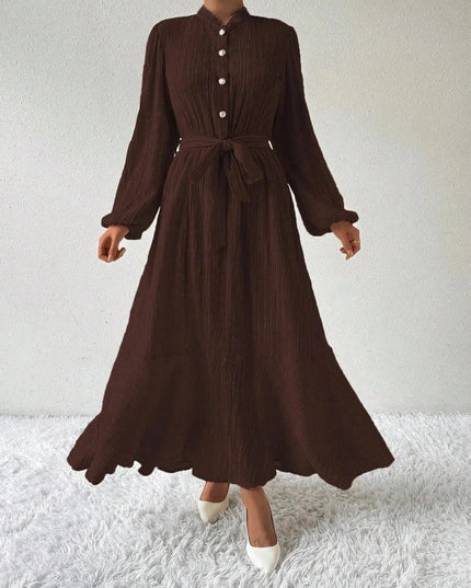 Half Button Tie Waist Long Sleeve Maxi Dress