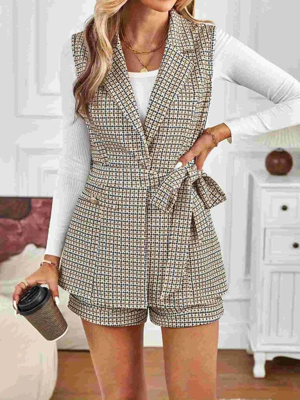 Plaid Collared Neck Two-Piece Vest and Shorts Ensemble