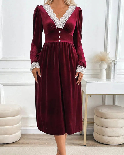 Perfee Lace Detail V-Neck Long Sleeve Midi Dress