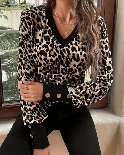 Leopard Print Long Sleeve V-Neck T-Shirt with Decorative Buttons