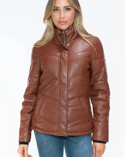 Snobbish Pocketed Zip Up Turtleneck Puffer Jacket - ShopEasier