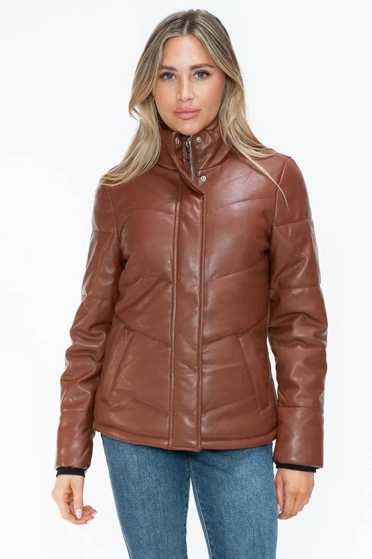 Snobbish Pocketed Zip Up Turtleneck Puffer Jacket - ShopEasier