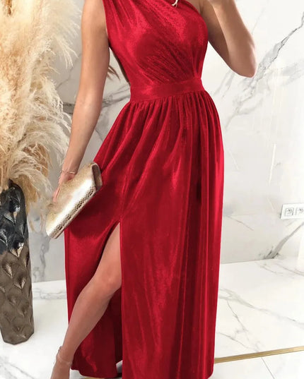 One Shoulder Slit Ruched Maxi Dress