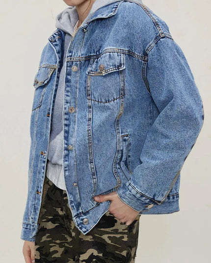 Button Up Collared Neck Long Sleeve Denim Jacket - ShopEasier