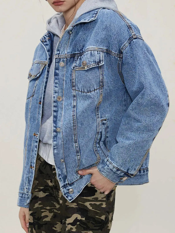 Button Up Collared Neck Long Sleeve Denim Jacket - ShopEasier