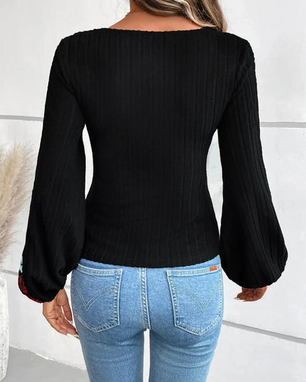 Crochet V-Neck Long Sleeve Blouse