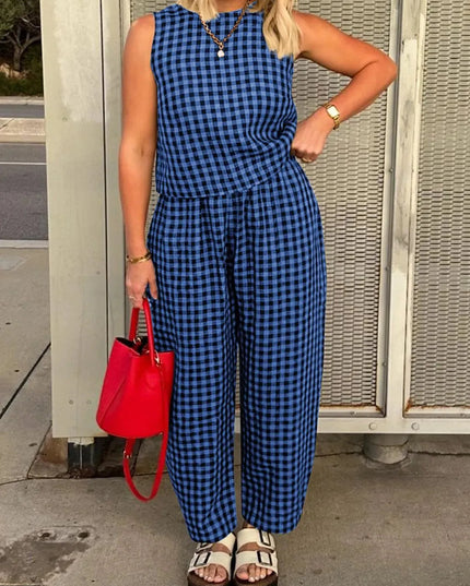 Lovelet Plaid Round Neck Sleeveless Top and Pants Set