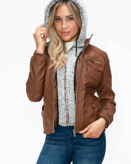 YMI Removable Faux Layered Multi-Pocket Jacket with Fuzzy Hood - ShopEasier