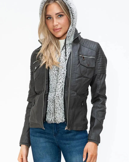 YMI Removable Faux Layered Multi-Pocket Jacket with Fuzzy Hood - ShopEasier