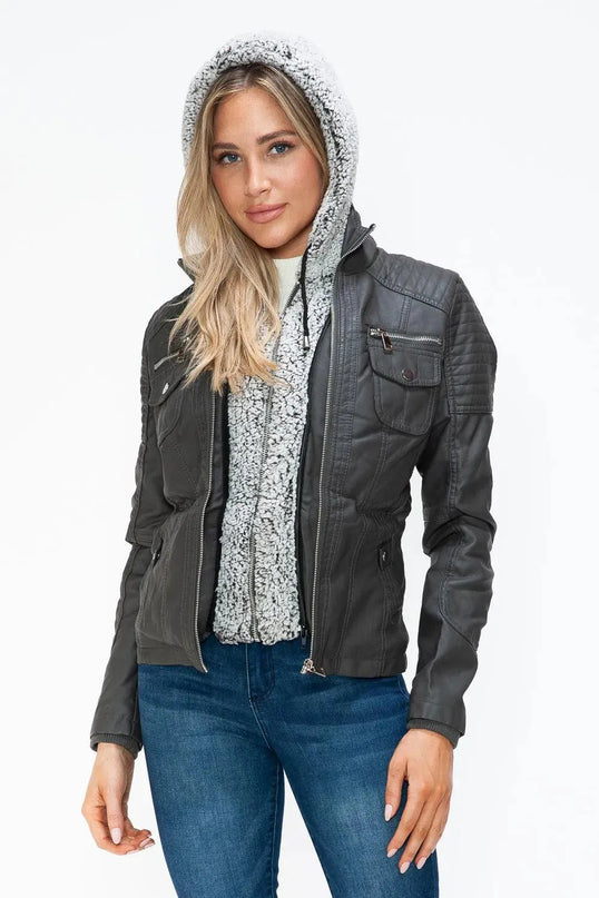 YMI Removable Faux Layered Multi-Pocket Jacket with Fuzzy Hood - ShopEasier