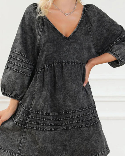 V-Neck Three Quarter Sleeve Denim Dress - ShopEasier