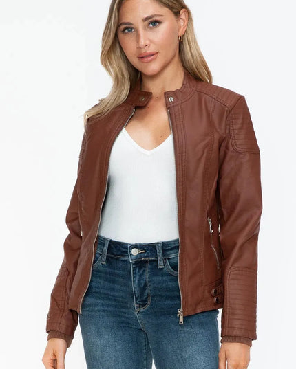 Snobbish Faux Leather Biker Jacket with Side Zip Pockets - ShopEasier