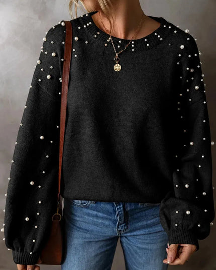 Elegant Pearl-Embellished Long Sleeve Knit Sweater