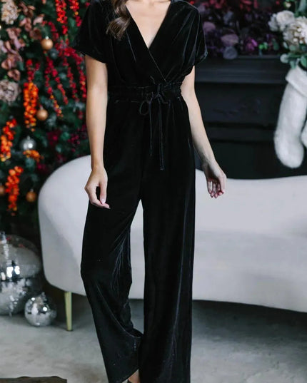 Drawstring Surplice Short Sleeve Jumpsuit - ShopEasier