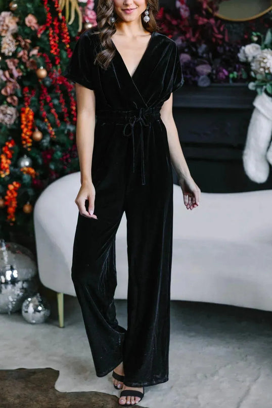 Drawstring Surplice Short Sleeve Jumpsuit - ShopEasier