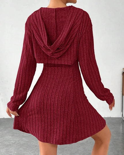 Wide Strap Dress and Long Sleeve Hooded Top Set