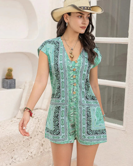 Printed V-Neck Cap Sleeve Romper - ShopEasier