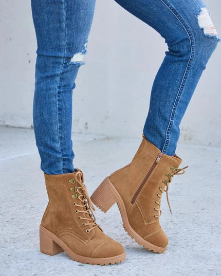 Forever Link Lace-Up Zipper Detail Block Heel Boots - ShopEasier