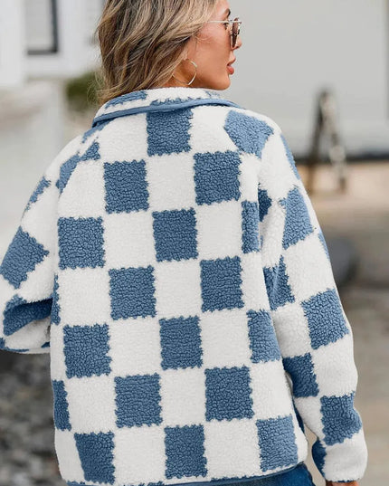 Checkered Snap Down Long Sleeve Teddy Jacket - ShopEasier