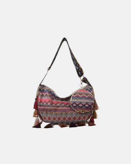 Printed Tassel Detail Crossbody Bag with Small Purse