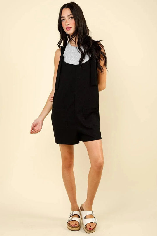 VERY J Tie Shoulder Front Pocket Romper - ShopEasier