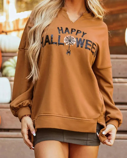 Sequin Letter Graphic Notched Long Sleeve Sweatshirt - ShopEasier