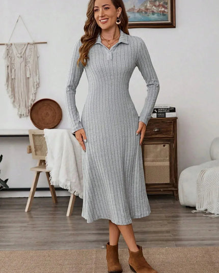 Collared Neck Long Sleeve Midi Dress