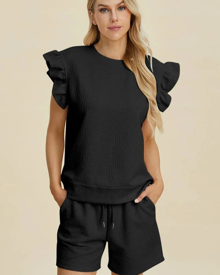 Chic Ruffled Sleeve Top and Shorts Set - Full Size Fashion Ensemble