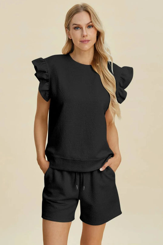 Chic Ruffled Sleeve Top and Shorts Set - Full Size Fashion Ensemble