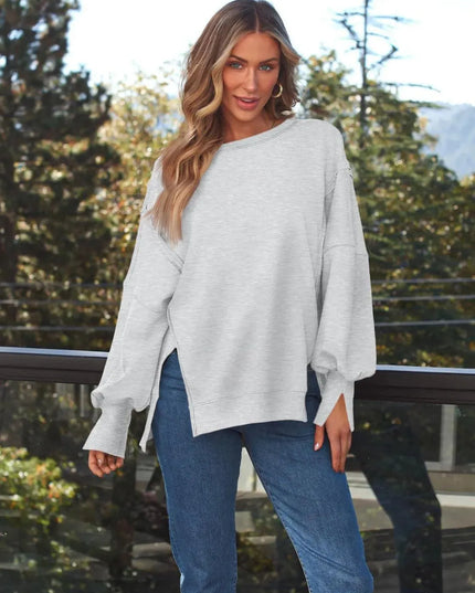 Slit Round Neck Long Sleeve Sweatshirt - ShopEasier