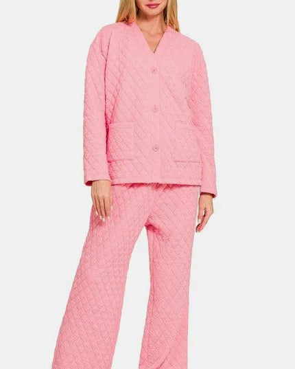 Zenana Quilted Button Up Long Sleeve Top and Pants Lounge Set