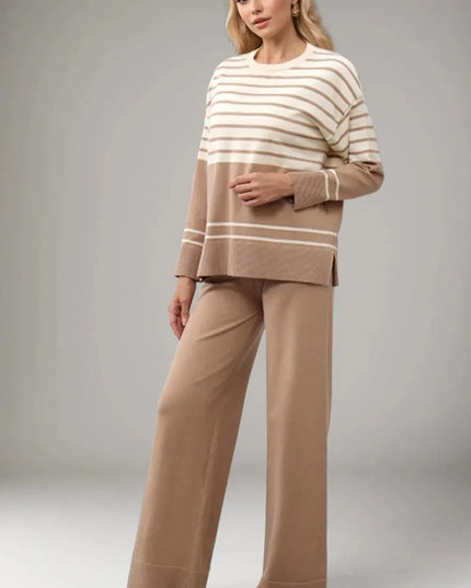 Basic Bae Striped Round Neck Long Sleeve Top and Pants Sweater Set