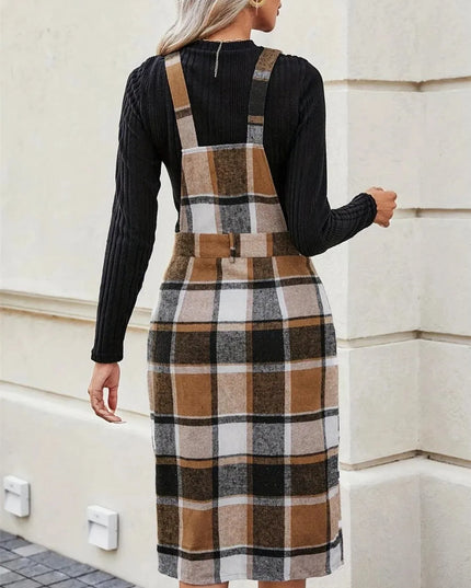 Slit Plaid Wide Strap Overall Dress - ShopEasier