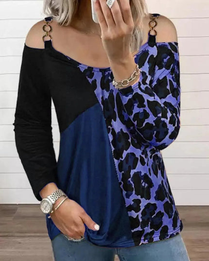 Leopard Print Cold Shoulder Long Sleeve Tee in Full Size