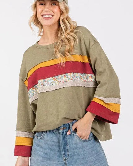 Color Blocked French Terry 3/4 Sleeve Top with Floral Contrast