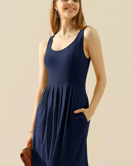 Doublju Full Size Round Neck Ruched Sleeveless Dress with Pockets - ShopEasier