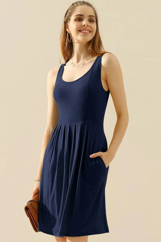 Doublju Full Size Round Neck Ruched Sleeveless Dress with Pockets - ShopEasier