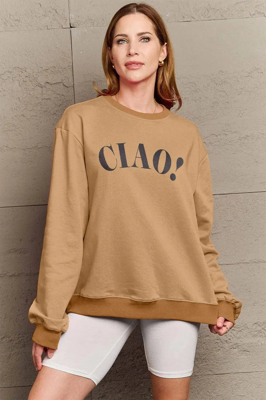 Simply Love Full Size CIAO！Round Neck Sweatshirt - ShopEasier