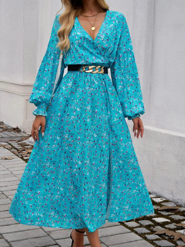 Devine Split Printed Surplice Long Sleeve Midi Dress - ShopEasier