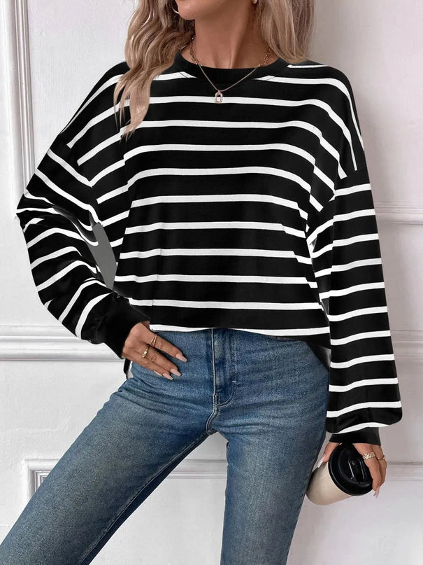 Chic Striped Round Neck Long Sleeve Sweatshirt