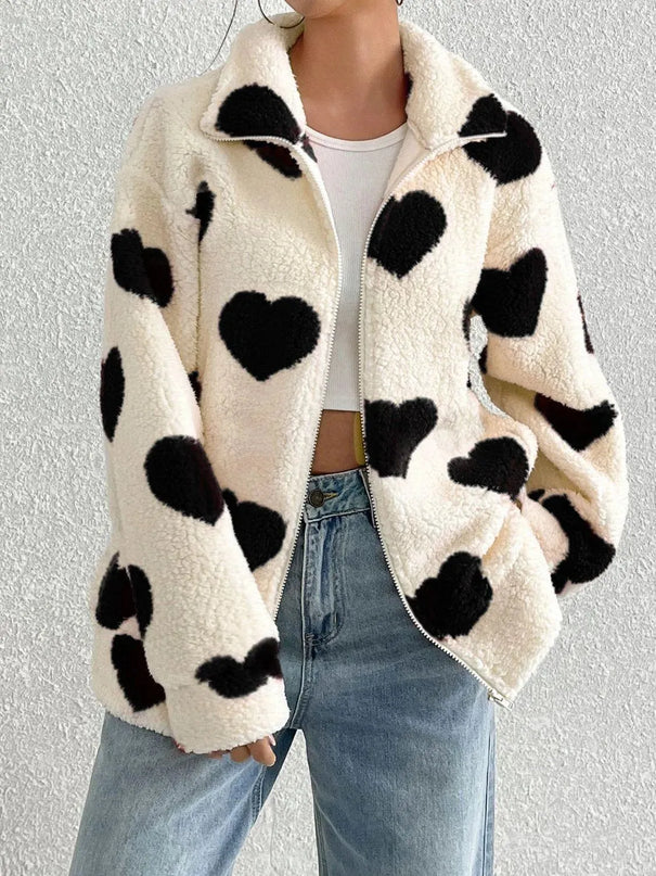 Heart Zip Up Drop Shoulder Furry Jacket - ShopEasier